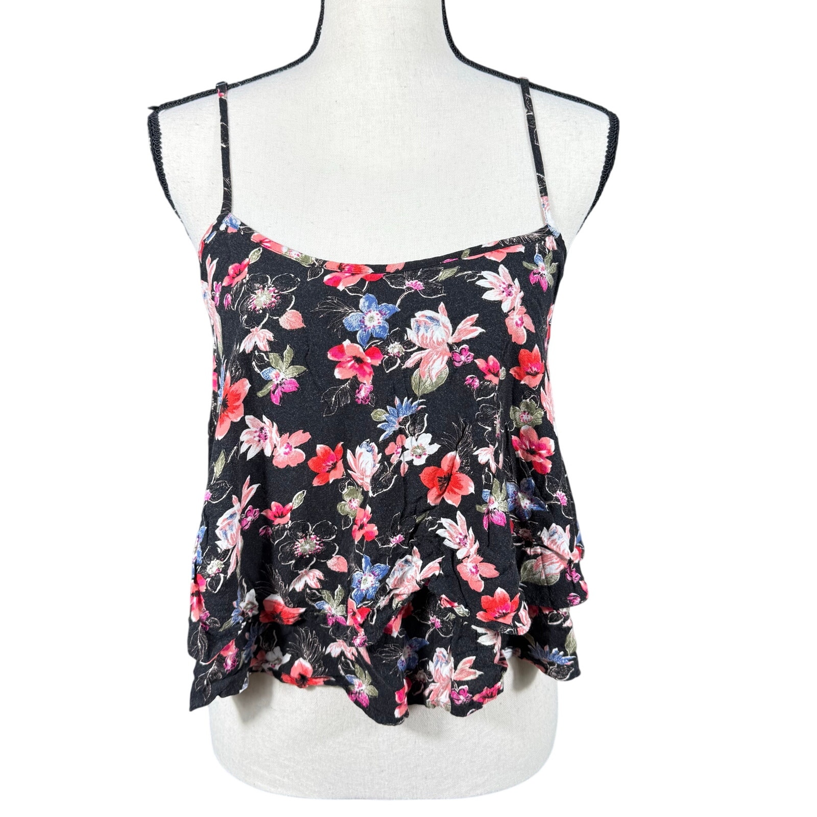 Hollister Women's S Black Floral Tank Top Loose Tiered Ruffle Y2k Spring Summer